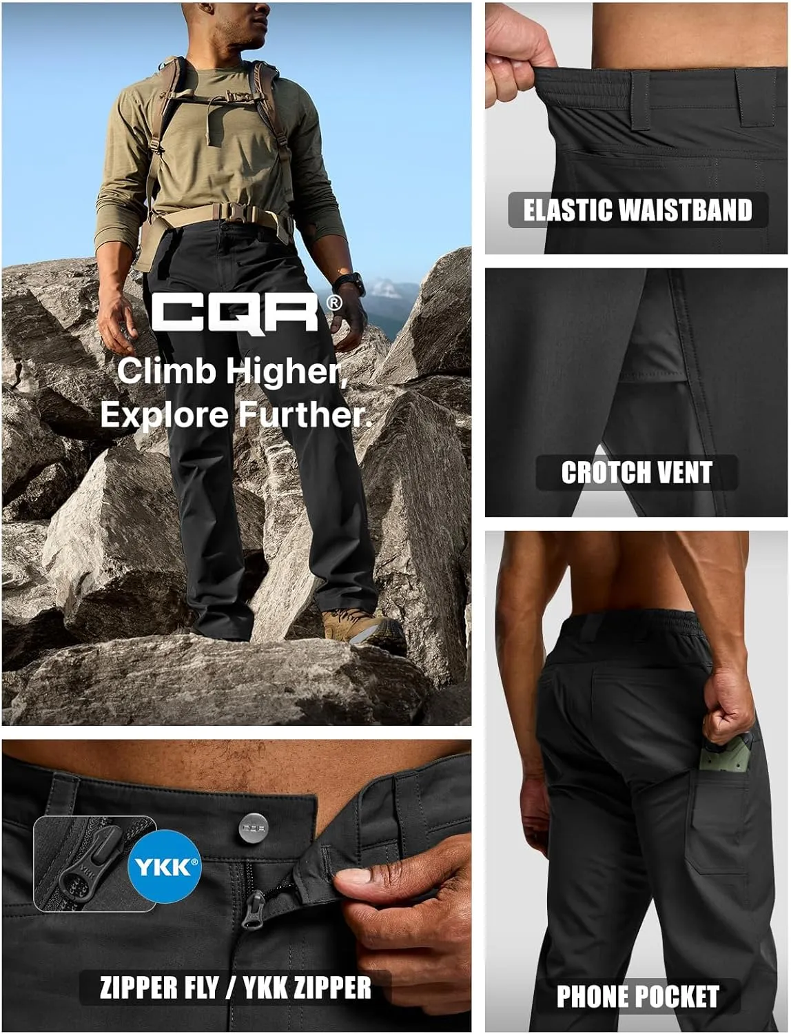 CQR Men's Quick Dry Tactical Pants, Water Resistant Outdoor Pants, Lightweight Stretch Cargo Work Hiking Pants