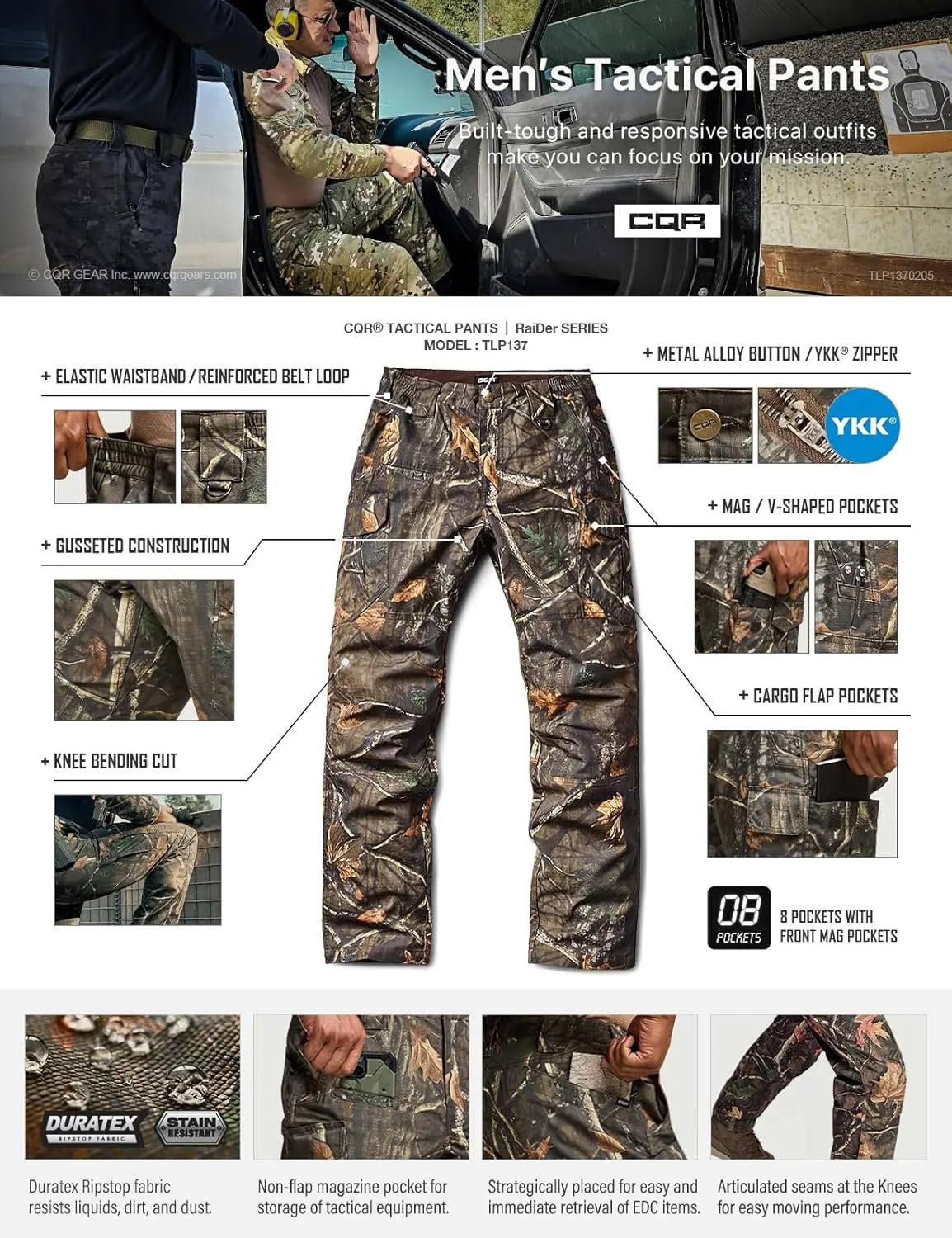 CQR Men's Tactical Pants, Water Resistant Ripstop Cargo Pants, Lightweight EDC Work Hiking Pants, Outdoor Apparel