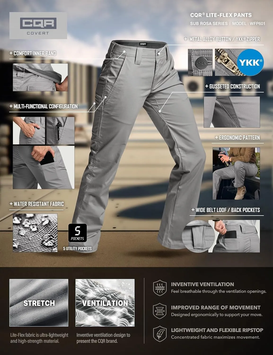 CQR Women's Flex Stretch Tactical Pants, Outdoor Hiking Pants with Pockets, Water Resistant Ripstop Work Pants
