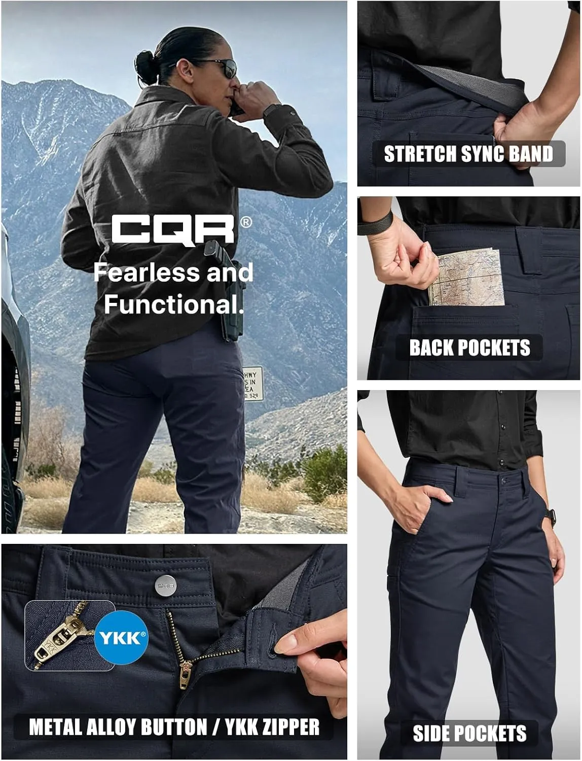 CQR Women's Flex Stretch Tactical Pants, Outdoor Hiking Pants with Pockets, Water Resistant Ripstop Work Pants