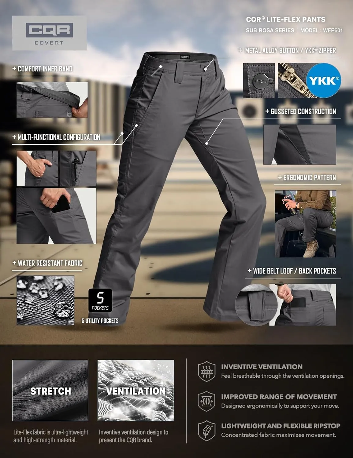 CQR Women's Flex Stretch Tactical Pants, Outdoor Hiking Pants with Pockets, Water Resistant Ripstop Work Pants