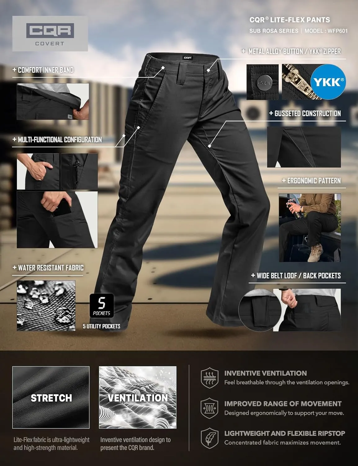 CQR Women's Flex Stretch Tactical Pants, Outdoor Hiking Pants with Pockets, Water Resistant Ripstop Work Pants