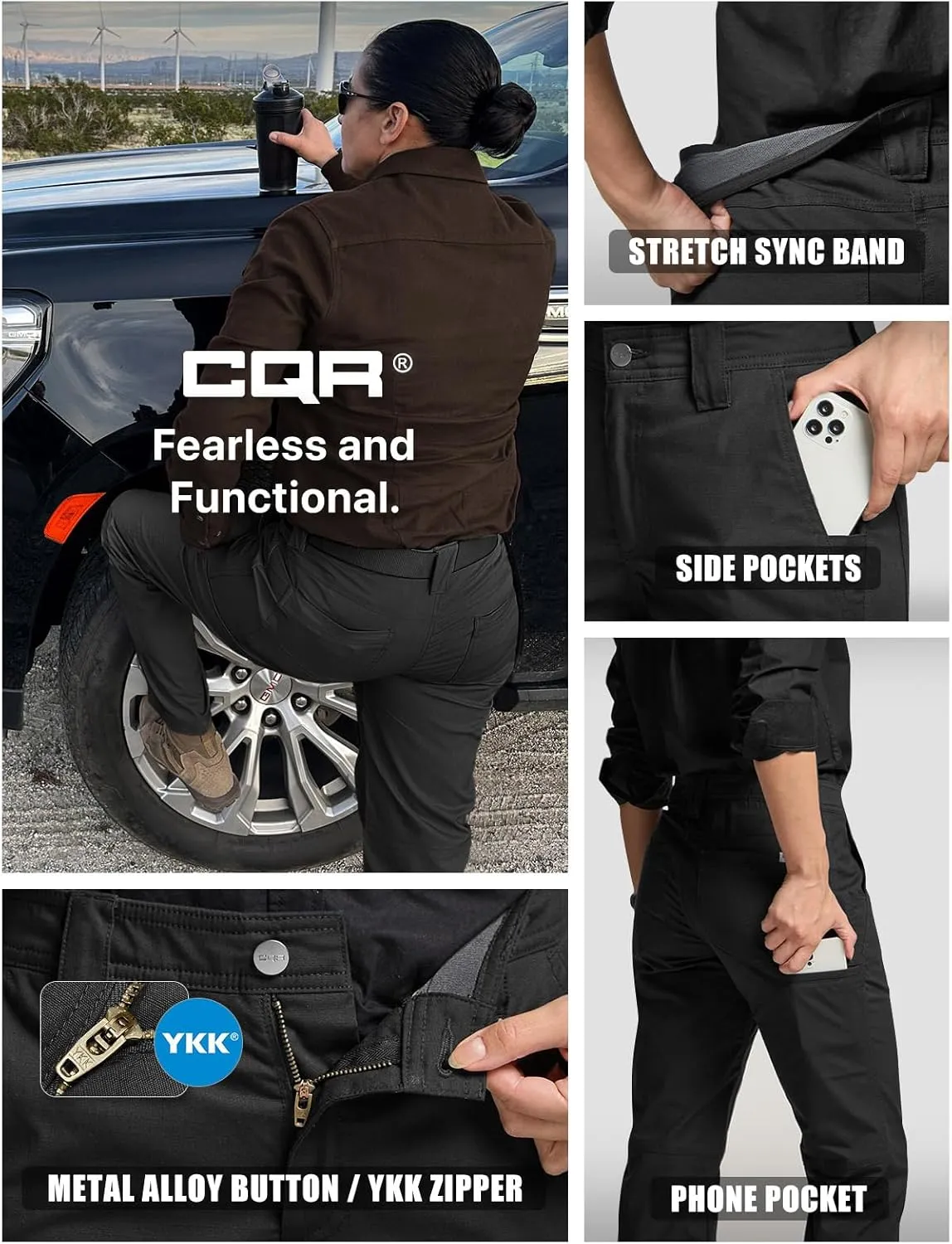 CQR Women's Flex Stretch Tactical Pants, Outdoor Hiking Pants with Pockets, Water Resistant Ripstop Work Pants