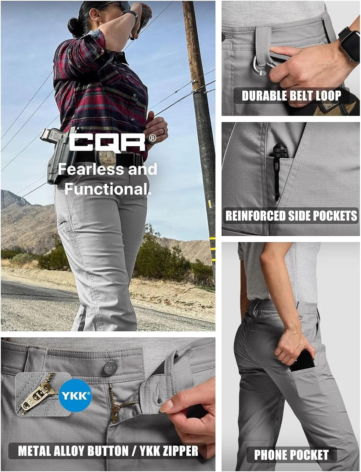 CQR Women's Flex Stretch Tactical Pants, Outdoor Hiking Pants with Pockets, Water Resistant Ripstop Work Pants