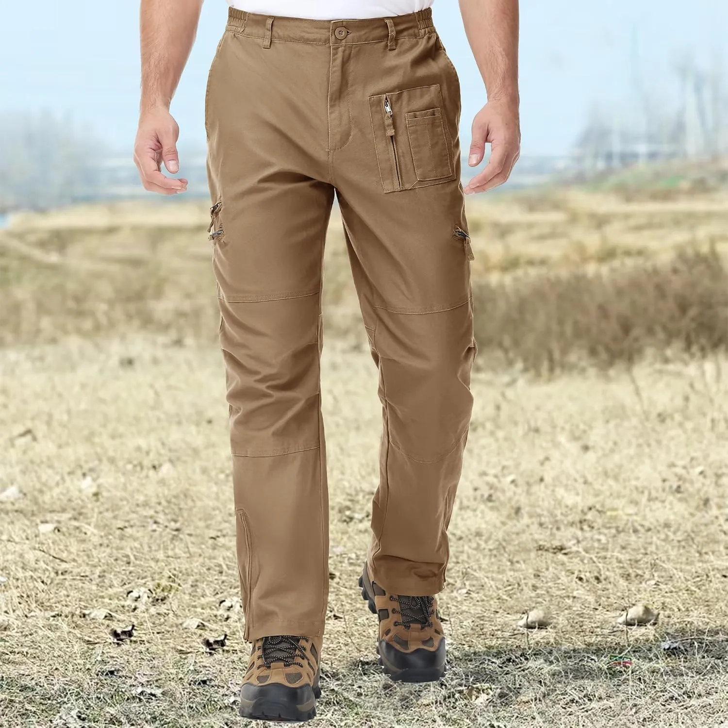 CRYSULLY Men's Tactical Pants Military Work Pants for Men Ripstop 9 Pockets Construction Trousers (No Belt)