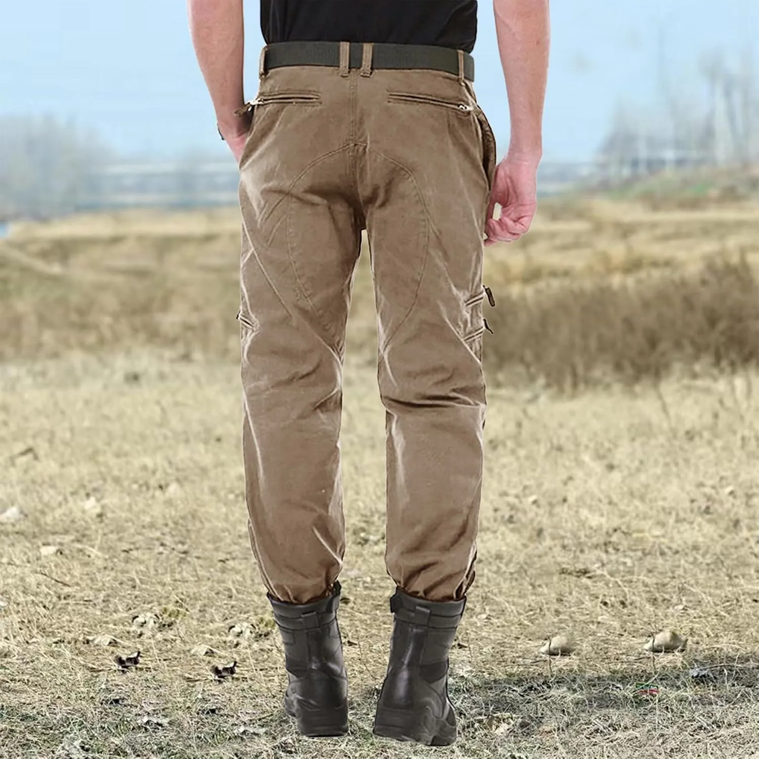 CRYSULLY Men's Tactical Pants Military Work Pants for Men Ripstop 9 Pockets Construction Trousers (No Belt)