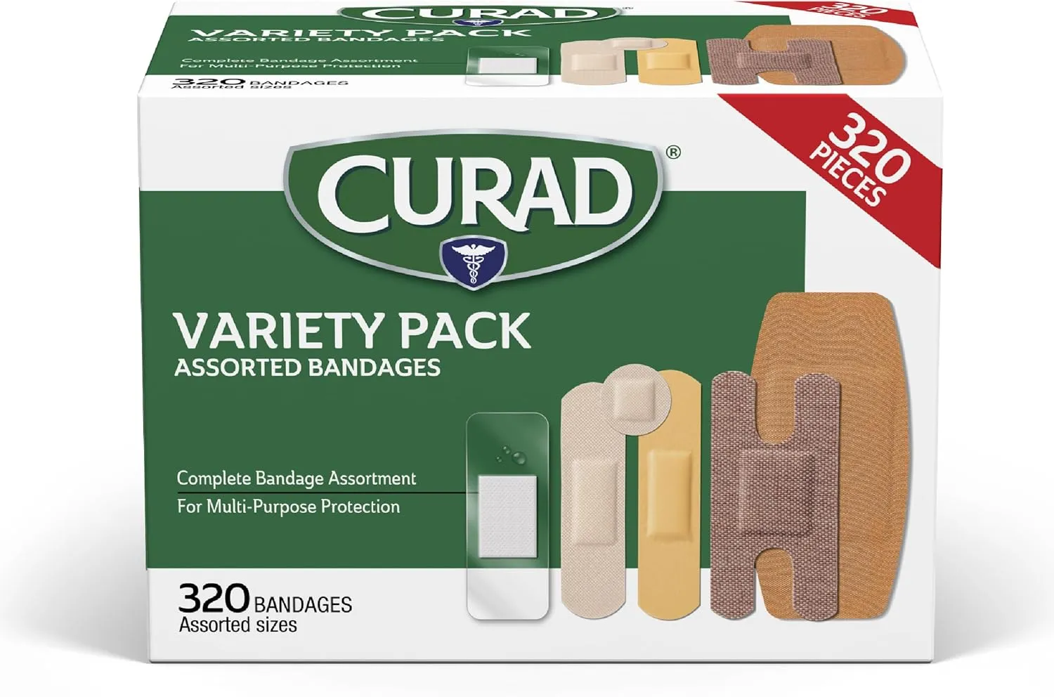 CURAD Assorted Bandages Bulk Variety Pack | 320 Count |5 Styles Including Waterproof, Sheer, Plastic, Heavy Duty & Flex-Fabric | First Aid Kit Essentials | Protects Scrapes, Cuts & Burns