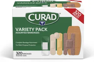 CURAD Assorted Bandages Bulk Variety Pack | 320 Count |5 Styles Including Waterproof, Sheer, Plastic, Heavy Duty & Flex-Fabric | First Aid Kit Essentials | Protects Scrapes, Cuts & Burns