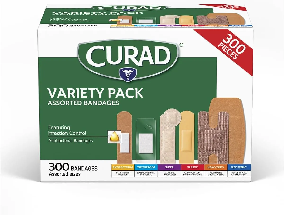 CURAD Assorted Bandages Variety Pack, 300 Count, 6 Styles Including Antibacterial, Waterproof, Sheer, Plastic, Heavy Duty & Flex-Fabric, Protects Scrapes, Cuts & Burns, Latex-Free