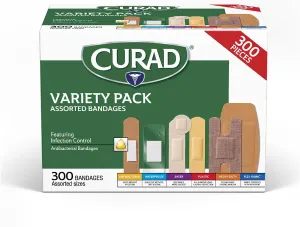 CURAD Assorted Bandages Variety Pack, 300 Count, 6 Styles Including Antibacterial, Waterproof, Sheer, Plastic, Heavy Duty & Flex-Fabric, Protects Scrapes, Cuts & Burns, Latex-Free