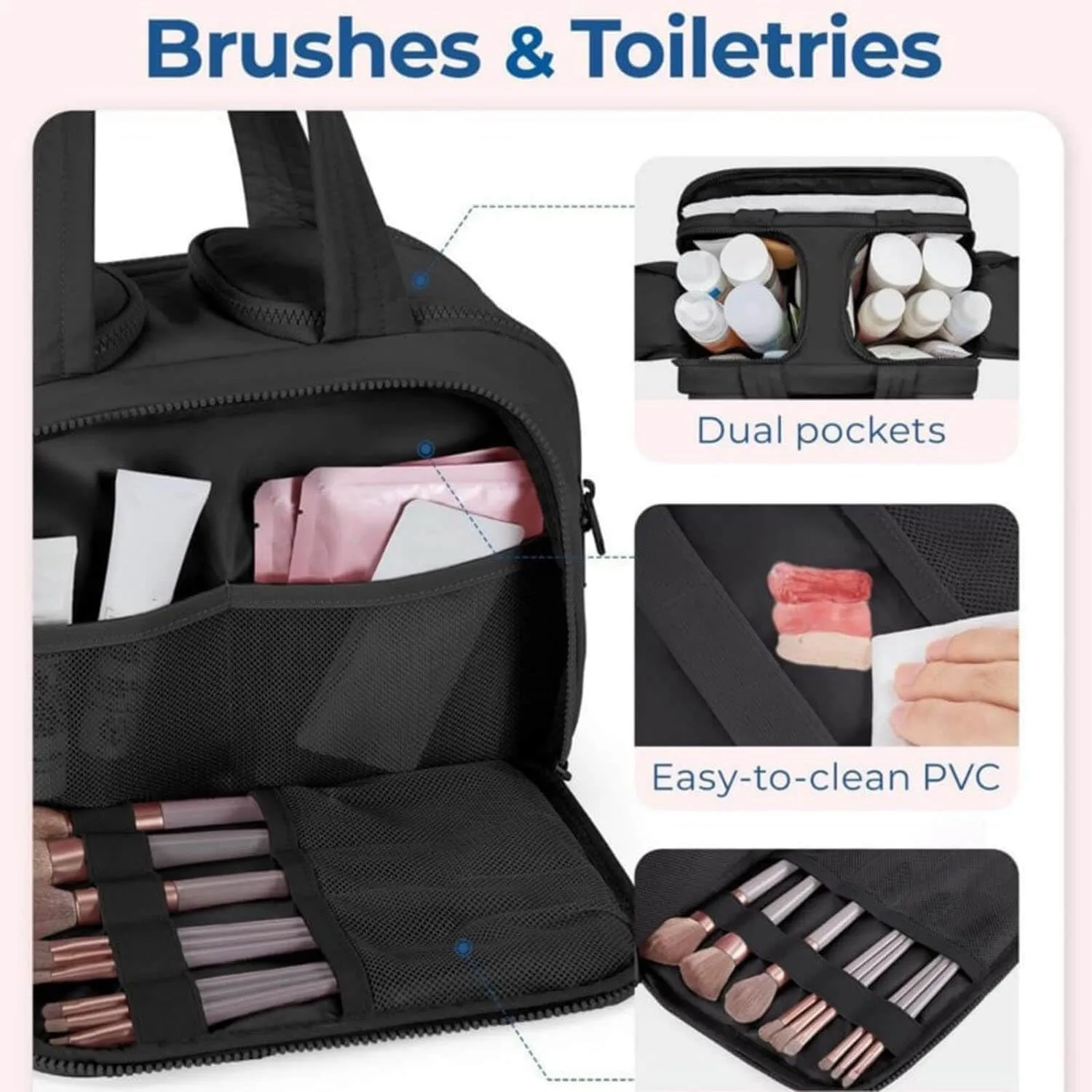 Curetoaway Large Capacity Wide-Open Travel Cosmetic Bag,Cureaway Travel Cosmetic Bag,4-in-1 Puffy Multi-functional Toiletry Bags,Curetoaway Toiletry Bags for Women with Divider and Handle (Black)