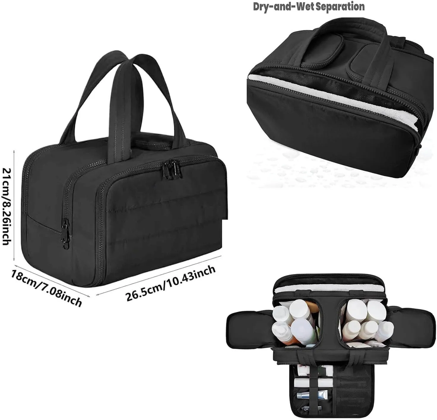 Curetoaway Large Capacity Wide-Open Travel Cosmetic Bag,Cureaway Travel Cosmetic Bag,4-in-1 Puffy Multi-functional Toiletry Bags,Curetoaway Toiletry Bags for Women with Divider and Handle (Black)