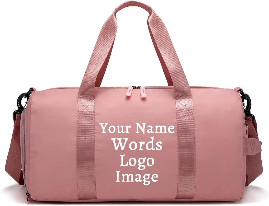 Custom Duffel Bag with Name Logo Image Personalized Gym Bag for Personal Item Travel Sports Gym Yoga Beach with Dry Wet Pocket Shoes Compartment (pink)