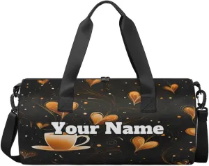 Custom Gym Bag for Women Men with Name, Personalized Coffee Theme Duffel Bag for Sports, Waterproof Dance Bag, Lightweight Carryon Gym Bag,