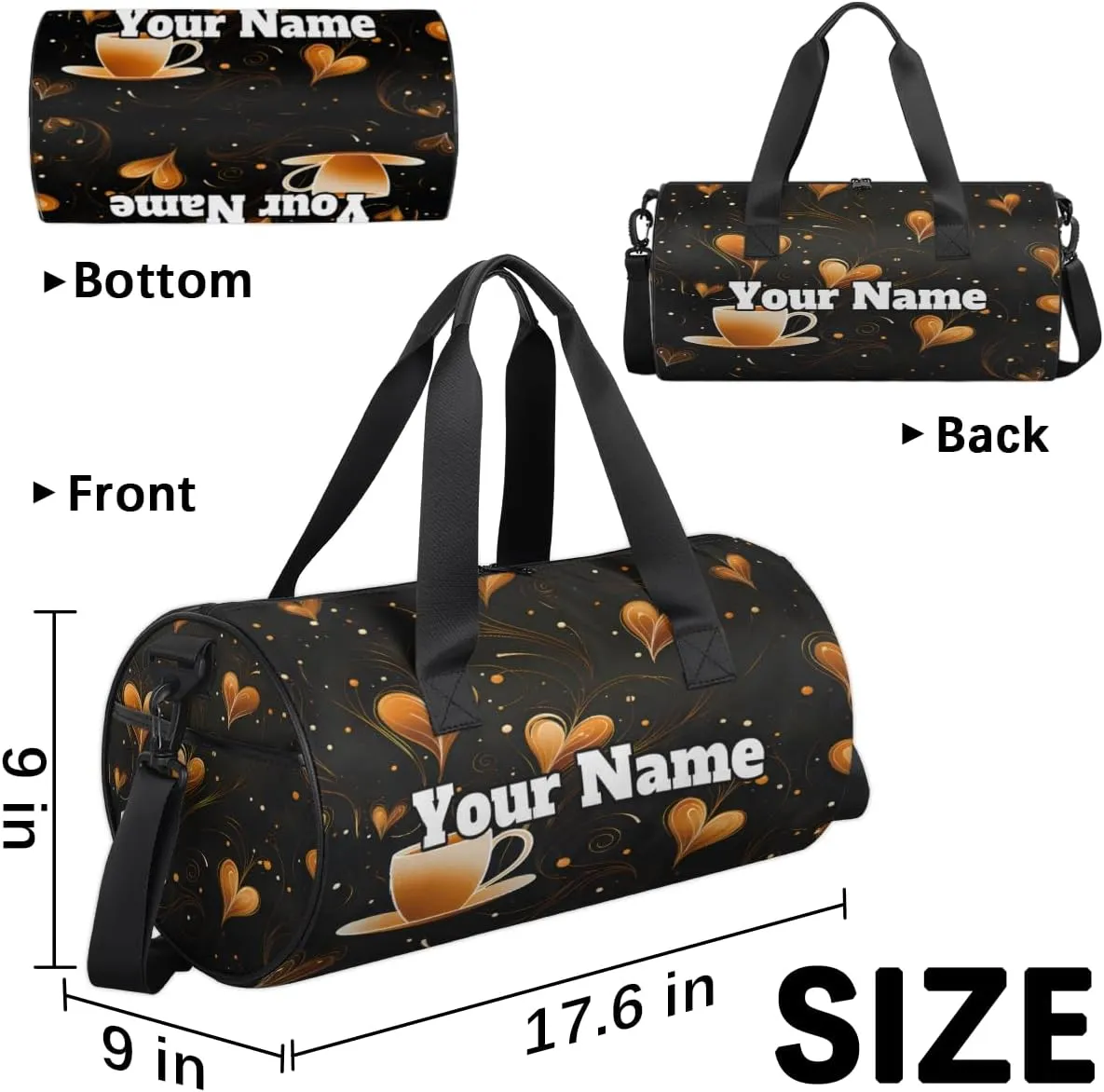 Custom Gym Bag for Women Men with Name, Personalized Coffee Theme Duffel Bag for Sports, Waterproof Dance Bag, Lightweight Carryon Gym Bag,