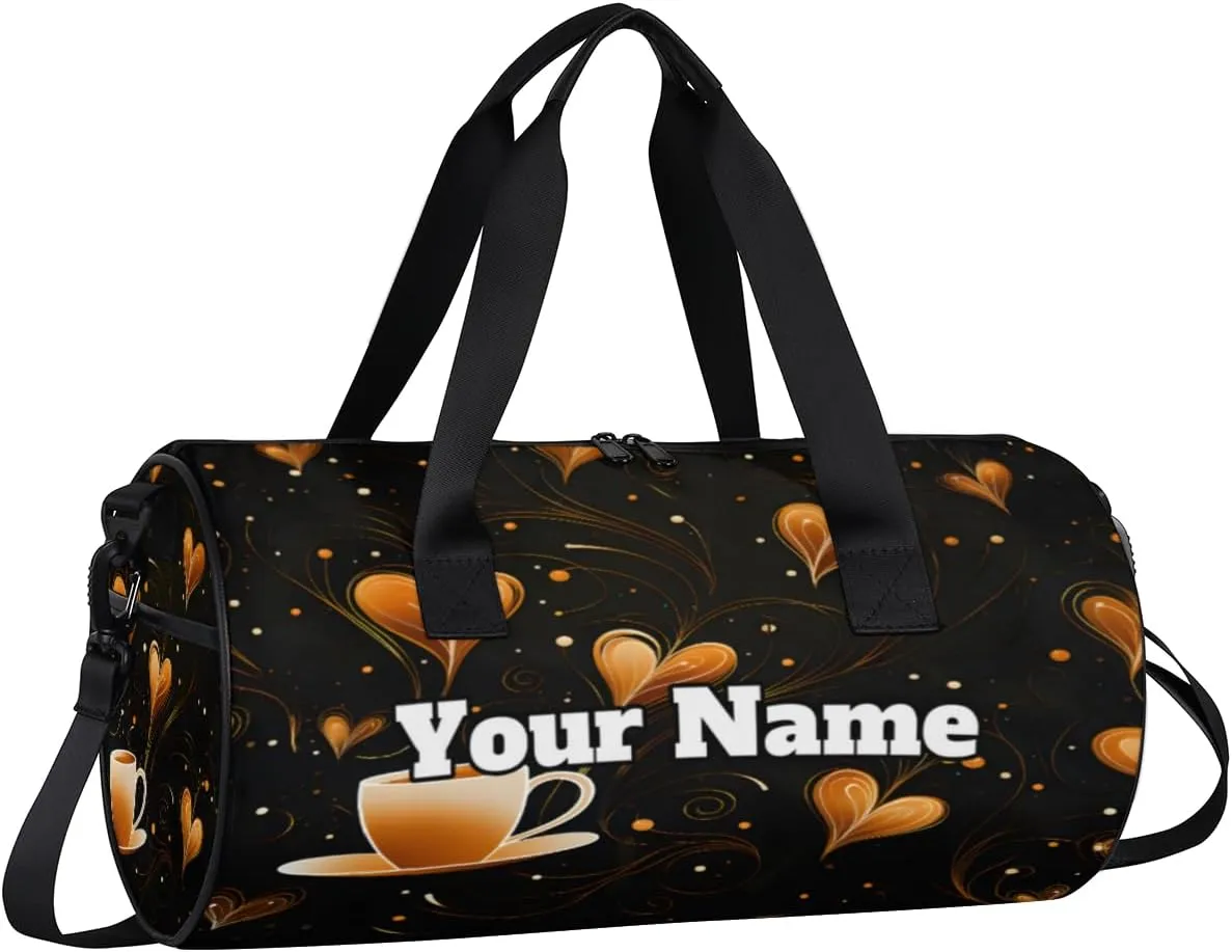 Custom Gym Bag for Women Men with Name, Personalized Coffee Theme Duffel Bag for Sports, Waterproof Dance Bag, Lightweight Carryon Gym Bag,