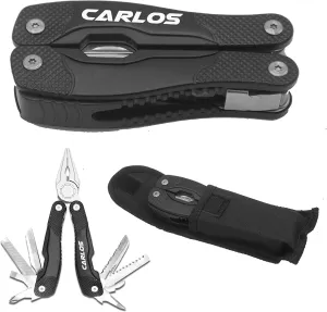 Custom Personalized Black Multi Tool with Sheath and Belt Loop - 13 Functions including Pliers, Screwdriver, Can Opener, Bottle Opener