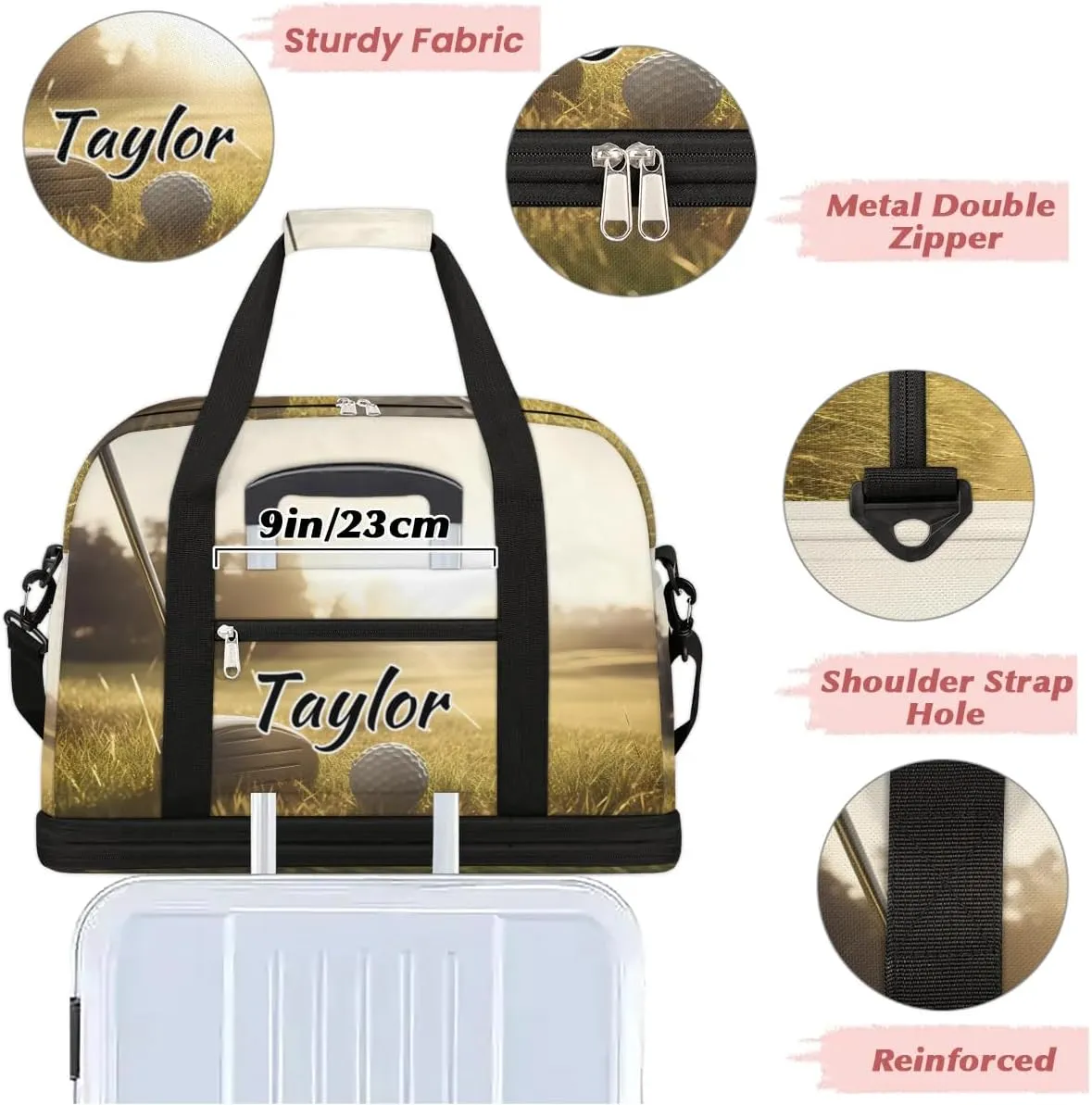 Customized Gym Bag for Women, Personalized Golf Sports Travel Duffel Bag with Name, Golf Course Weekender Overnight Bag with Shoes Compartment for Men Travel Yoga