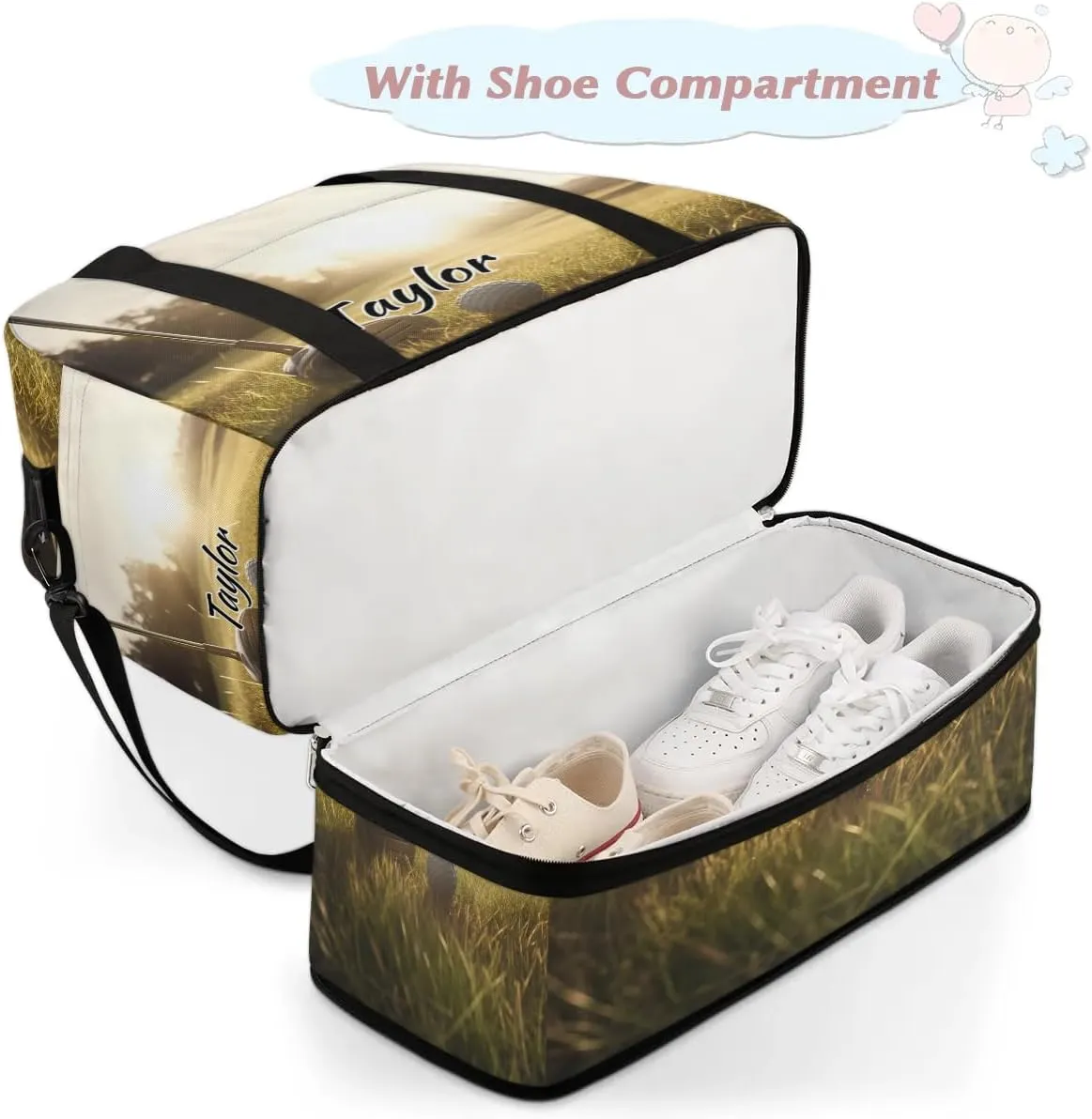Customized Gym Bag for Women, Personalized Golf Sports Travel Duffel Bag with Name, Golf Course Weekender Overnight Bag with Shoes Compartment for Men Travel Yoga
