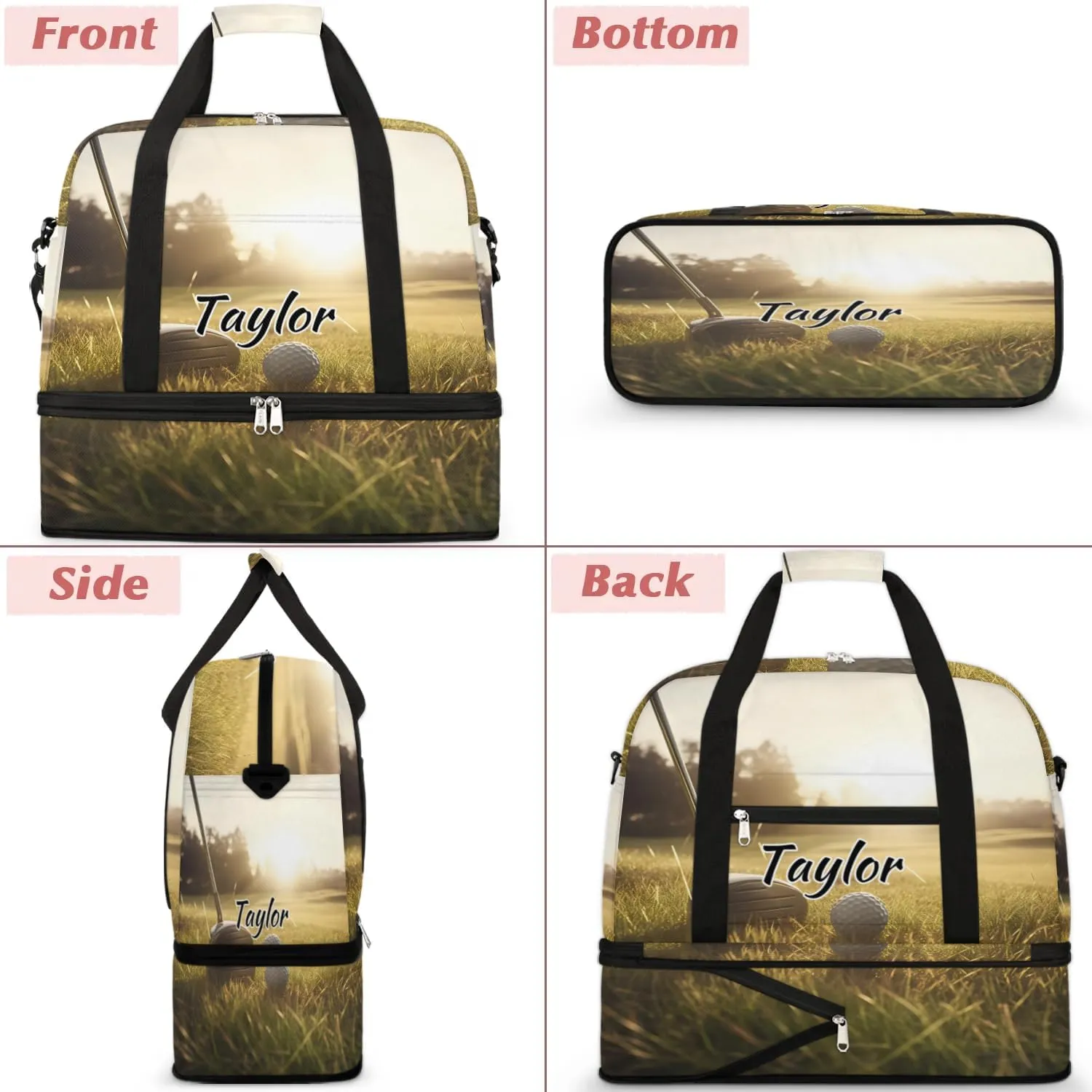 Customized Gym Bag for Women, Personalized Golf Sports Travel Duffel Bag with Name, Golf Course Weekender Overnight Bag with Shoes Compartment for Men Travel Yoga