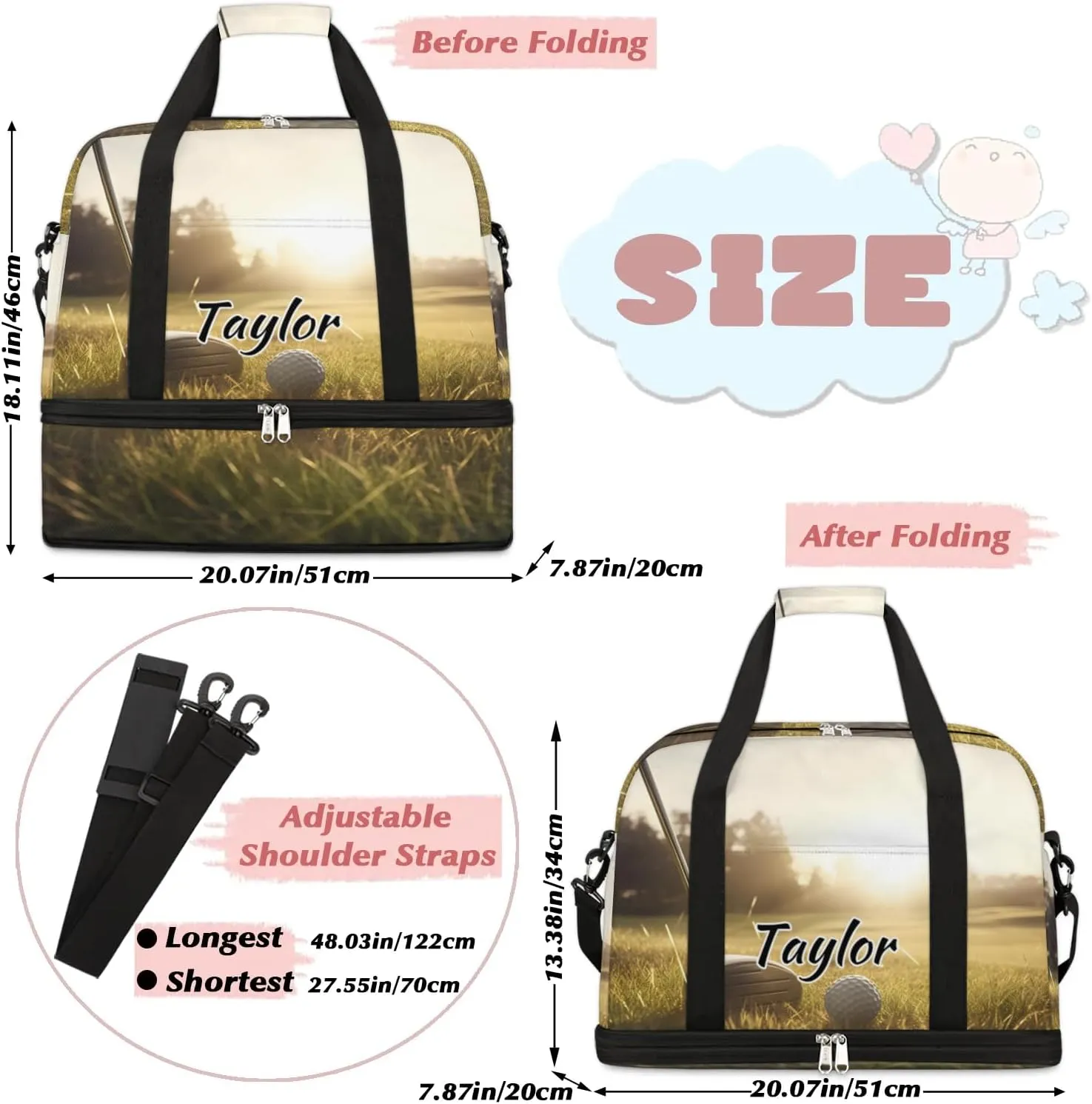 Customized Gym Bag for Women, Personalized Golf Sports Travel Duffel Bag with Name, Golf Course Weekender Overnight Bag with Shoes Compartment for Men Travel Yoga