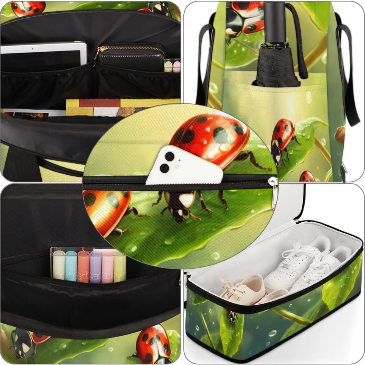 Cute Animal Ladybugs Foldable Duffle Bag with Shoes Compartment Large Capacity Waterproof Travel Weekender Bag Overnight Bag for Sports Gym