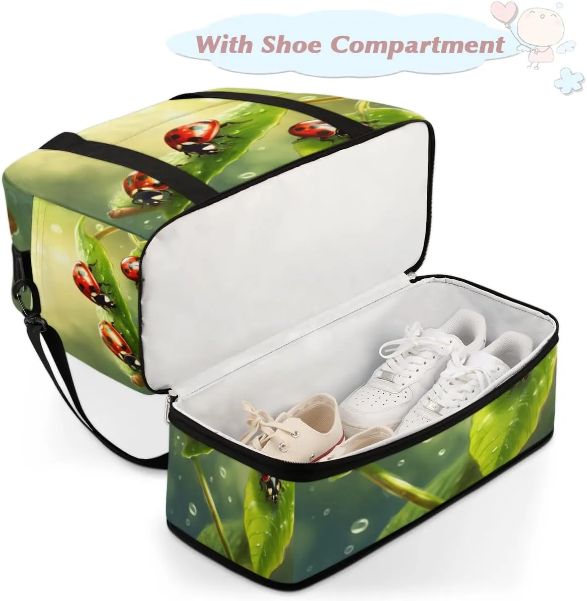 Cute Animal Ladybugs Foldable Duffle Bag with Shoes Compartment Large Capacity Waterproof Travel Weekender Bag Overnight Bag for Sports Gym