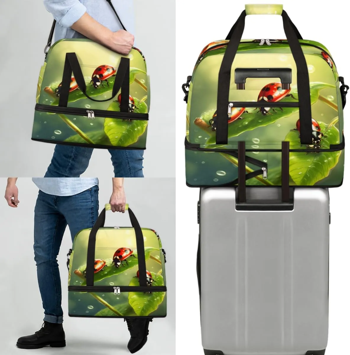 Cute Animal Ladybugs Foldable Duffle Bag with Shoes Compartment Large Capacity Waterproof Travel Weekender Bag Overnight Bag for Sports Gym