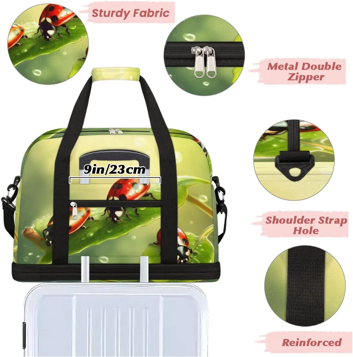 Cute Animal Ladybugs Foldable Duffle Bag with Shoes Compartment Large Capacity Waterproof Travel Weekender Bag Overnight Bag for Sports Gym
