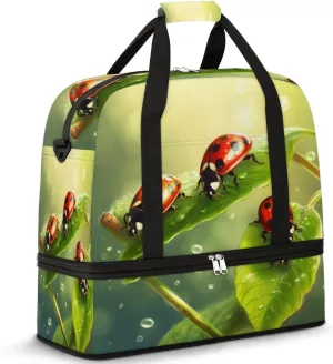 Cute Animal Ladybugs Foldable Duffle Bag with Shoes Compartment Large Capacity Waterproof Travel Weekender Bag Overnight Bag for Sports Gym