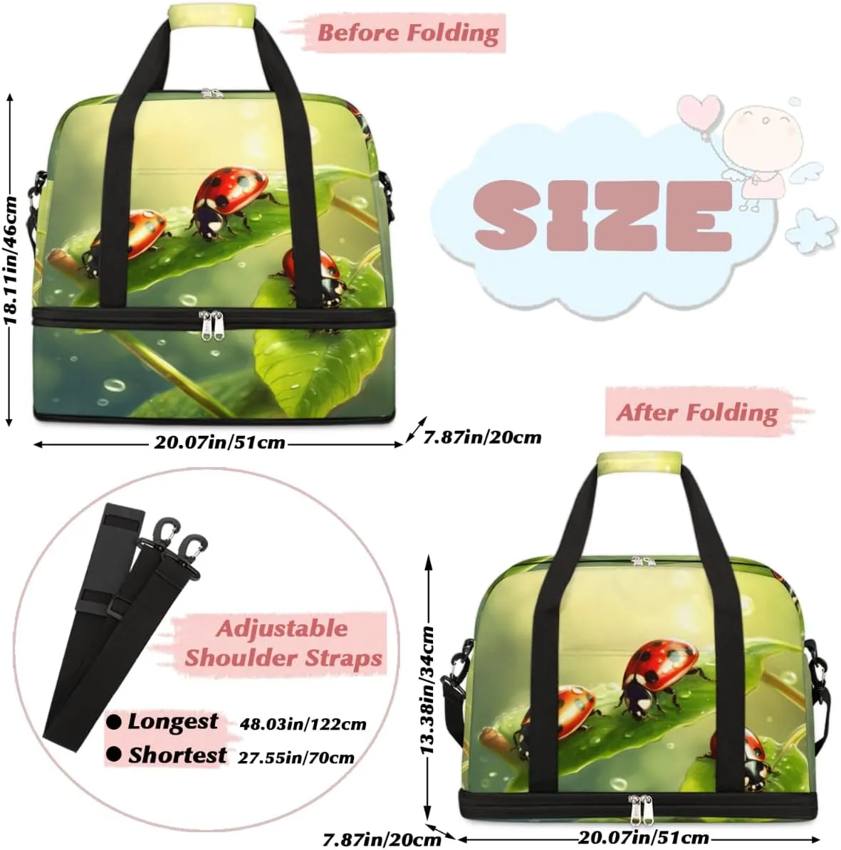 Cute Animal Ladybugs Foldable Duffle Bag with Shoes Compartment Large Capacity Waterproof Travel Weekender Bag Overnight Bag for Sports Gym