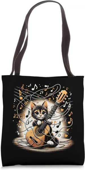 Cute Cat Entangled in Guitar Strings Whimsical Music Kitten Tote Bag