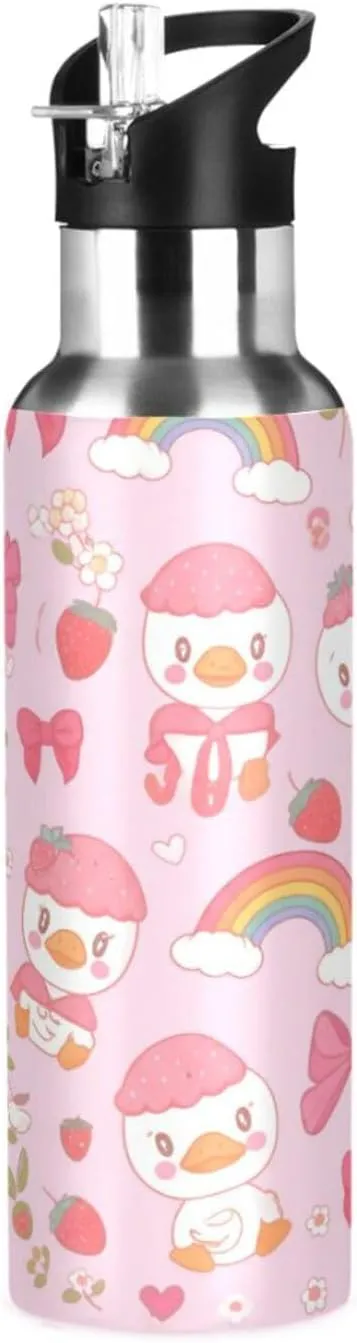 Cute Duck Sports Water Bottle with Straw, 22oz BPA Free Stainless Steel Vacuum Insulated Bottle for Gym Fitness Outdoor