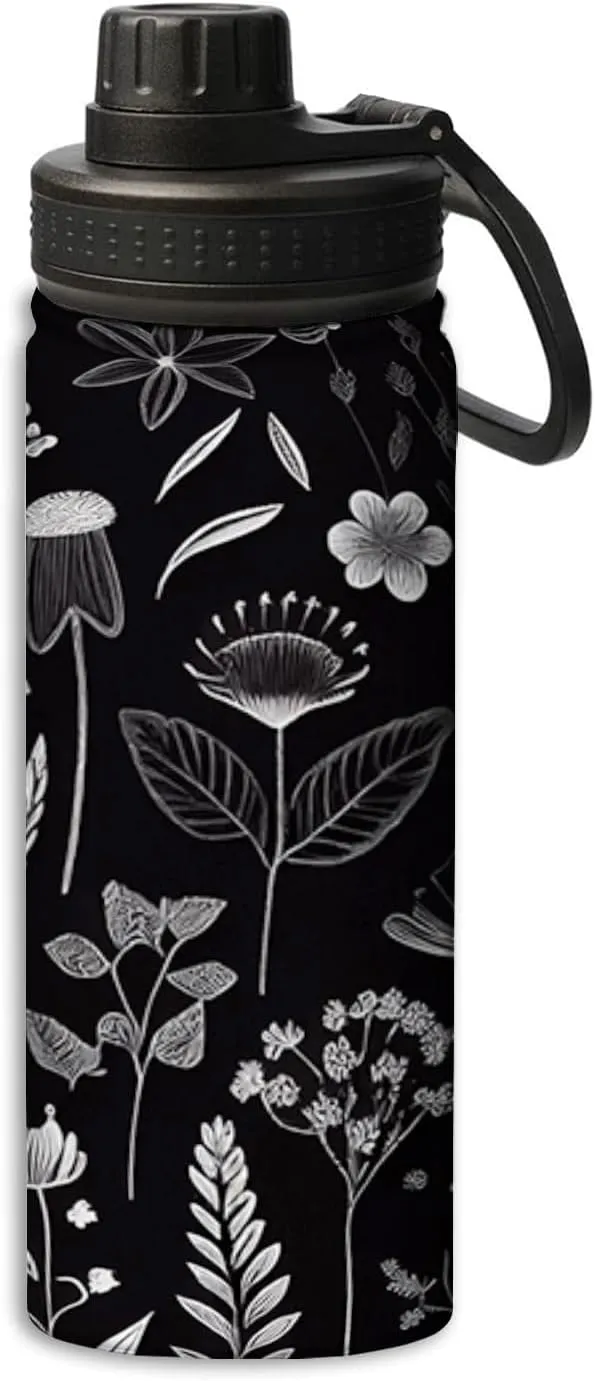 Cute Flower Botanical Pattern pattern Water Bottles Insulated 18 oz,Insulated Double Walled Leak Proof Sports Water Bottle，Thermo Mug Keep Cold and Hot,White Black