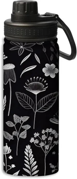 Cute Flower Botanical Pattern pattern Water Bottles Insulated 18 oz,Insulated Double Walled Leak Proof Sports Water Bottle，Thermo Mug Keep Cold and Hot,White Black