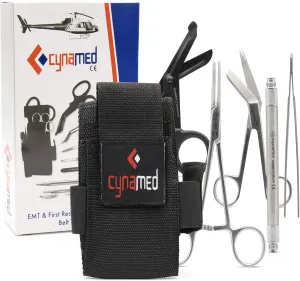 Cynamed First Responder Medical Tool Kit - Bandage Scissors, Magnetic Debris Remover, EMT Shears, Hemostat, Tweezers - Adjustable Multi-Pocket Nylon Belt Pouch - Paramedic, Nurse, Emergency Responders