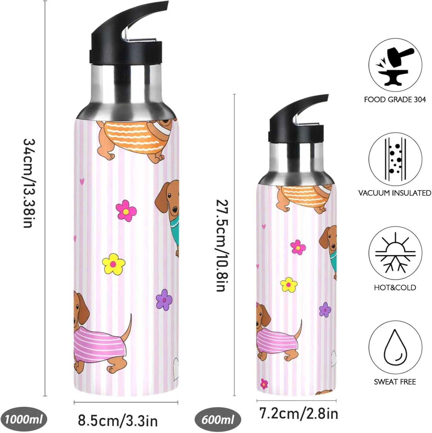Dachshund Sports Water Bottle with Straw, 22oz BPA Free Stainless Steel Vacuum Insulated Bottle for Gym Fitness Outdoor