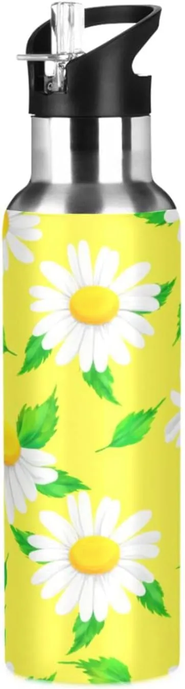 Daisy Flower Sports Water Bottle with Straw, 22oz BPA Free Stainless Steel Vacuum Insulated Bottle for Gym Fitness Outdoor