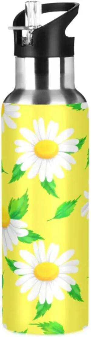 Daisy Flower Sports Water Bottle with Straw, 22oz BPA Free Stainless Steel Vacuum Insulated Bottle for Gym Fitness Outdoor