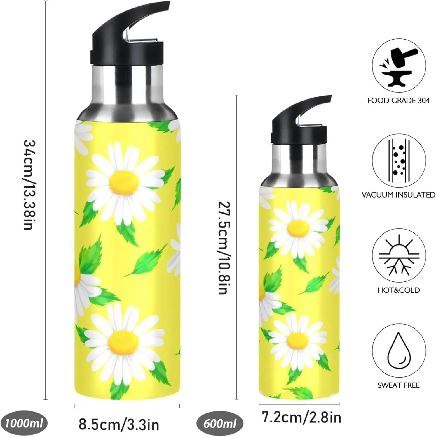 Daisy Flower Sports Water Bottle with Straw, 22oz BPA Free Stainless Steel Vacuum Insulated Bottle for Gym Fitness Outdoor