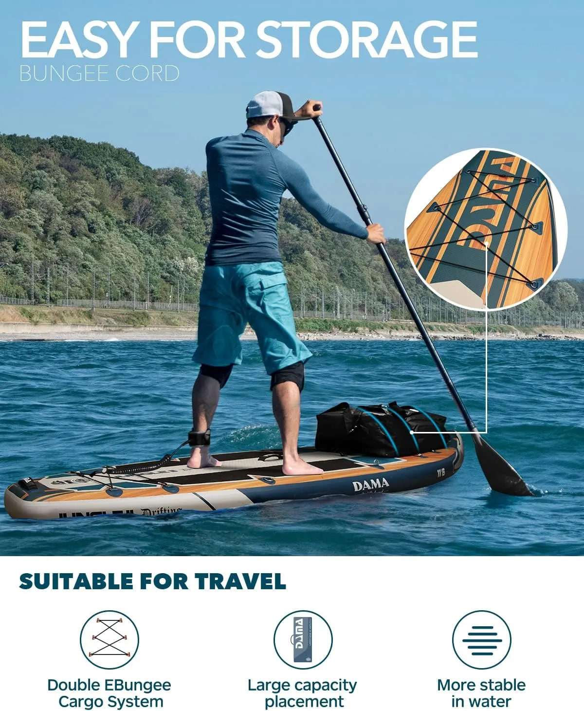 DAMA 9'6"/10'6"/11' Inflatable Stand Up Paddle Board, Yoga Board, Camera Seat, Floating Paddle, Hand Pump, Board Carrier, Waterproof Bag, Drop Stitch, Traveling Board for Surfing