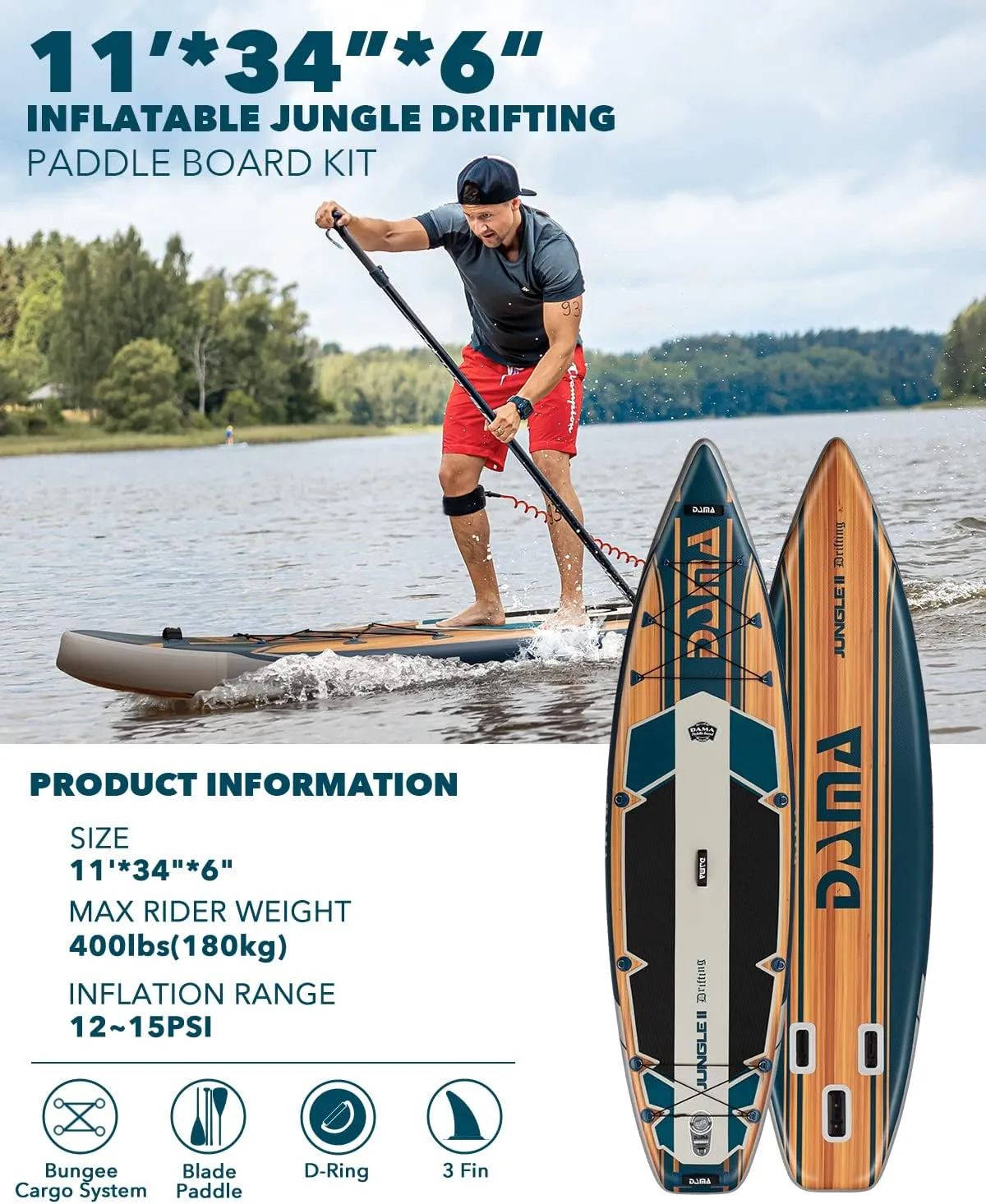 DAMA 9'6"/10'6"/11' Inflatable Stand Up Paddle Board, Yoga Board, Camera Seat, Floating Paddle, Hand Pump, Board Carrier, Waterproof Bag, Drop Stitch, Traveling Board for Surfing