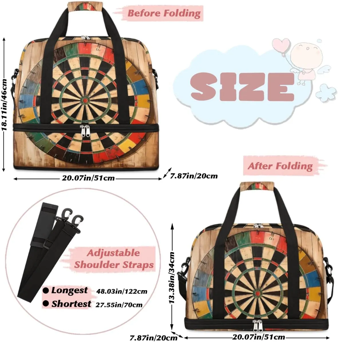 Dart Board Pattern Foldable Duffle Bag with Shoes Compartment Large Capacity Waterproof Travel Weekender Bag Overnight Bag for Sports Gym