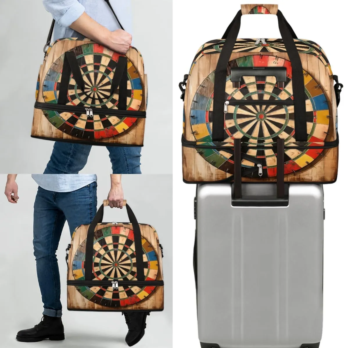 Dart Board Pattern Foldable Duffle Bag with Shoes Compartment Large Capacity Waterproof Travel Weekender Bag Overnight Bag for Sports Gym