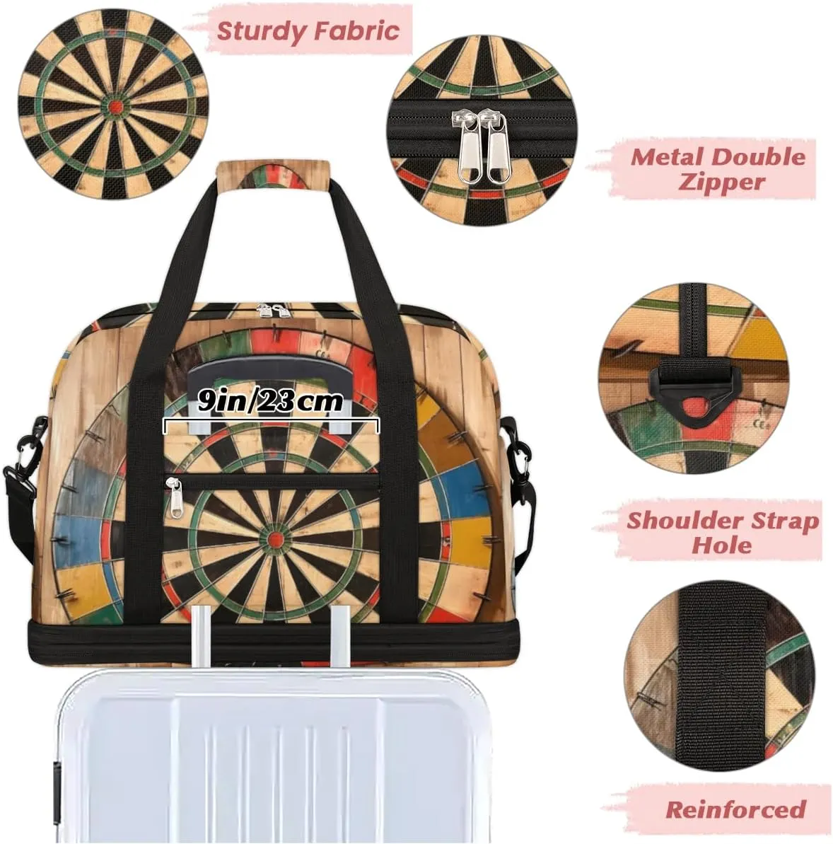 Dart Board Pattern Foldable Duffle Bag with Shoes Compartment Large Capacity Waterproof Travel Weekender Bag Overnight Bag for Sports Gym