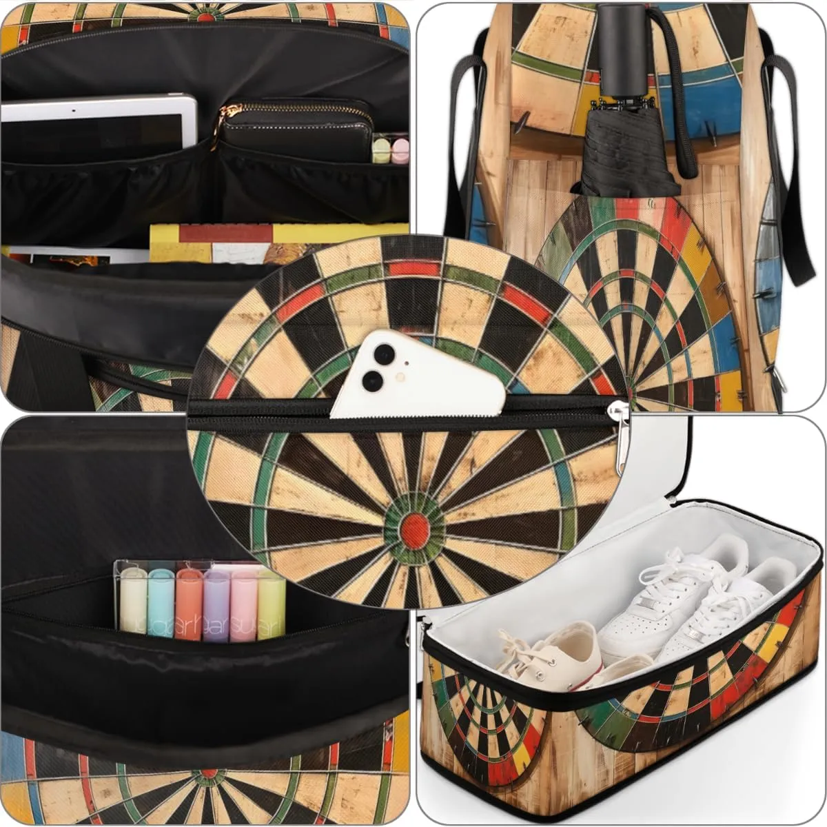 Dart Board Pattern Foldable Duffle Bag with Shoes Compartment Large Capacity Waterproof Travel Weekender Bag Overnight Bag for Sports Gym
