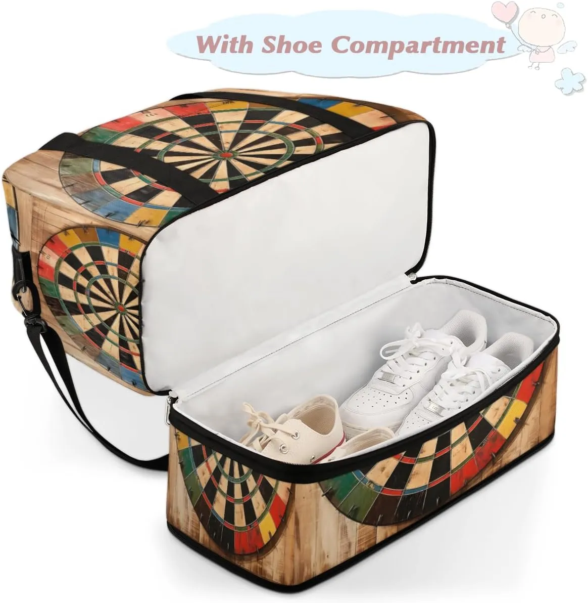 Dart Board Pattern Foldable Duffle Bag with Shoes Compartment Large Capacity Waterproof Travel Weekender Bag Overnight Bag for Sports Gym