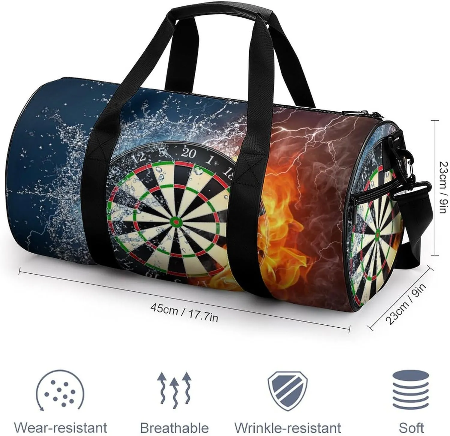 Dart Board Target Ice Fire Art Large Capacity Cylindrical Fitness Bag, Hand-held Fitness Bag