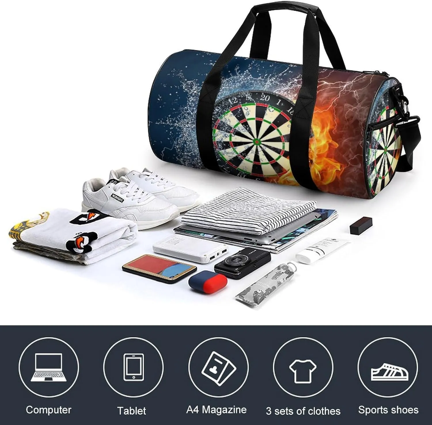 Dart Board Target Ice Fire Art Large Capacity Cylindrical Fitness Bag, Hand-held Fitness Bag