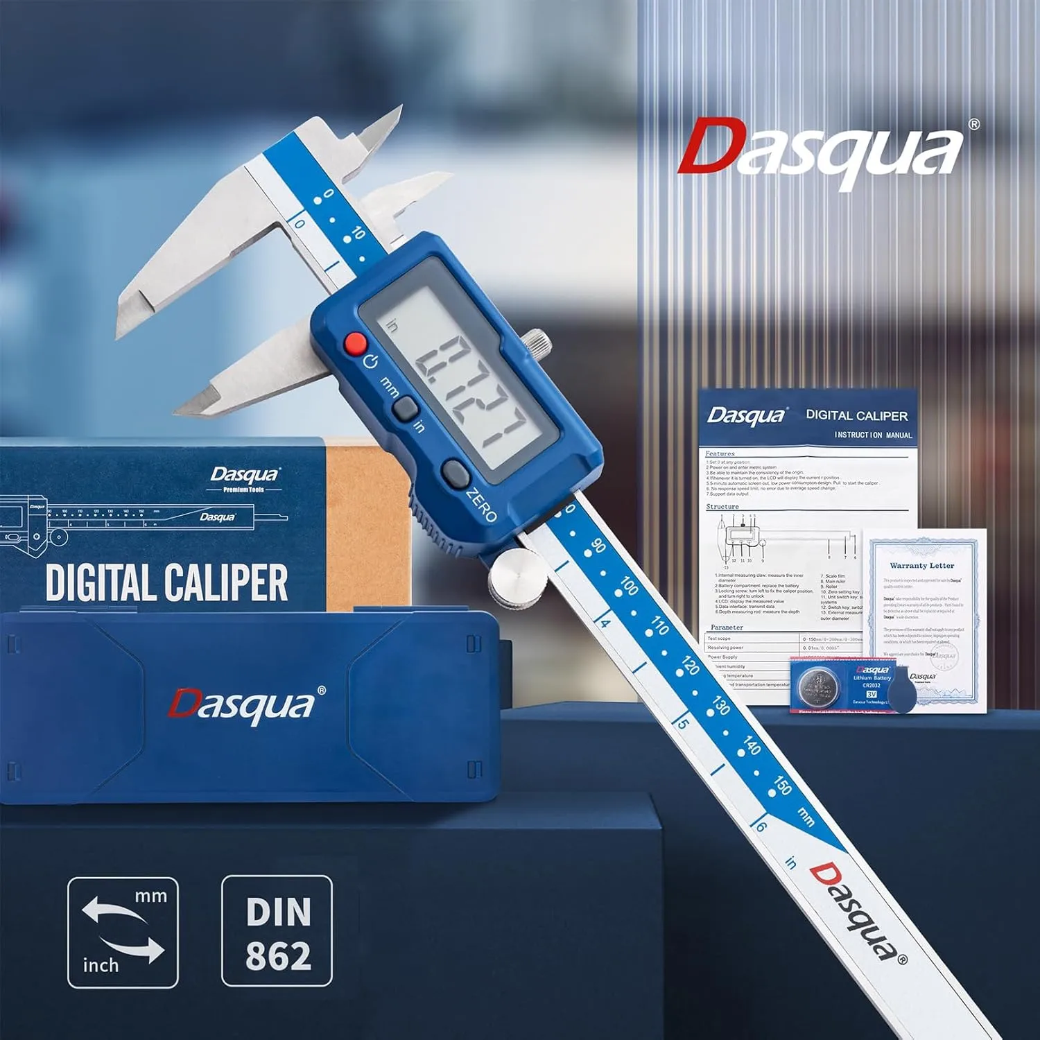 Dasqua 6 Inch/150mm Digital Caliper Electronic Industrial, Stainless Steel, with Large LCD Screen and Storage Case Auto Off Featured Measuring Tool, Resolution 0.0005"/0.01mm, Accuracy 0.001”/0.02mm